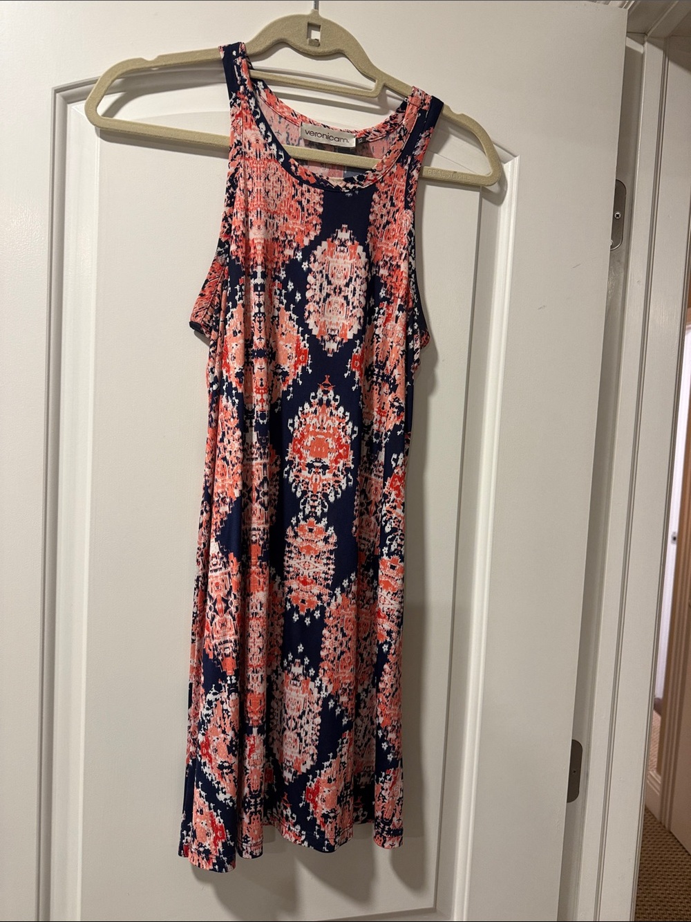 Veronica M Navy and Coral Print Sleeveless Dress